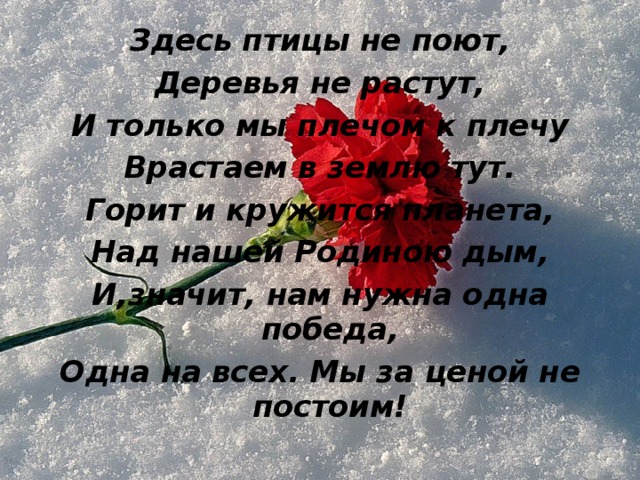 Здесь птицы не поют, Деревья не растут, И только мы плечом к плечу Врастаем в землю тут. Горит и кружится планета, Над нашей Родиною дым, И,значит, нам нужна одна победа, Одна на всех. Мы за  ценой не постоим! 