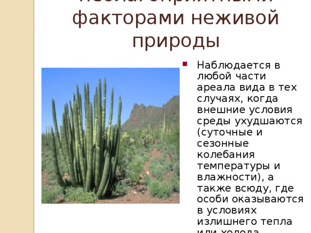 Борьба с неблагоприятными факторами неживой природы Наблюдается в любой части ареала вида в тех случаях, когда внешние условия среды ухудшаются (суточные и сезонные колебания температуры и влажности), а также всюду, где особи оказываются в условиях излишнего тепла или холода, сухости или влажности. 
