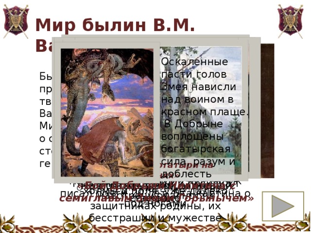 Мир былин В.М. Васнецова Оскаленные пасти голов Змея нависли над воином в красном плаще. В Добрыне воплощены богатырская сила, разум и доблесть Былинная тема проходит через всё творчество Васнецова. Виктор Михайлович говорит о силе народа, его стойкости и героизме «Баян» «Богатырский скок» «Богатыри» «Витязь на распутье» «Богатырь» «Богатыри на конях» Воины слушают рассказ Баяна о прошлом родины и ратных подвигах Конь оторвался от земли, а холмы и поля уже далеко под ногами Картину «Богатыри» художник писал почти 20 лет. Эта картина о защитниках родины, их бесстрашии и мужестве Прочитал надпись и поскакал навстречу опасности На богатырской заставе спокойно «Бой Добрыни Никитича с семиглавым Змеем Горынычем» На страже границы родной земли