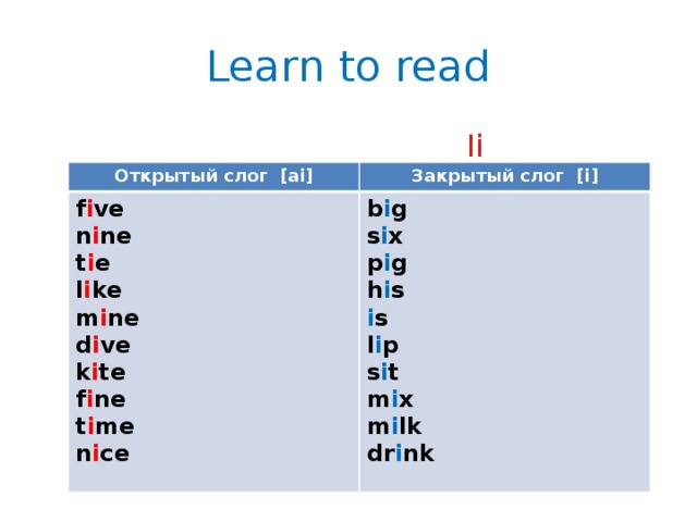 Learn to read  Ii  Открытый слог [ai] Закрытый слог [i] f i ve n i ne b i g s i x t i e l i ke p i g h i s m i ne d i ve i s l i p k i te s i t f i ne m i x t i me n i ce m i lk dr i nk 