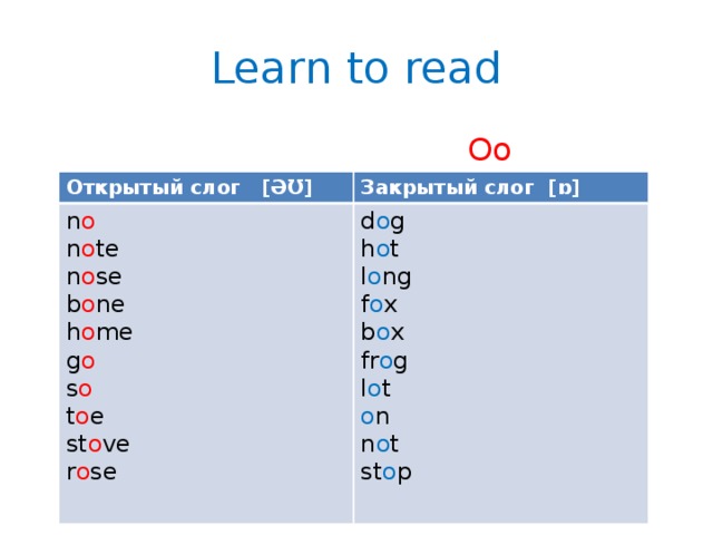 Learn to read  Oo Открытый слог [ƏƱ] Закрытый слог [ɒ] n o d o g n o te h o t n o se b o ne l o ng f o x h o me g o b o x fr o g s o l o t t o e o n st o ve n o t r o se st o p 