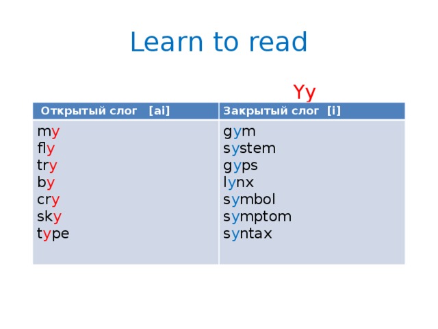 Learn to read  Yy  Открытый слог [ai] Закрытый слог [i] m y g y m fl y s y stem tr y b y g y ps l y nx cr y sk y s y mbol s y mptom t y pe s y ntax 