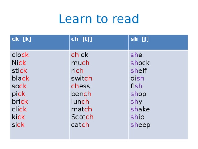 Learn to read ck [k]  ch [tʃ] clo ck  ch ick sh [ʃ] Ni ck mu ch  sti ck sh e bla ck ri ch sh ock swit ch sh elf so ck pi ck di sh ch ess ben ch bri ck fi sh sh op lun ch cli ck mat ch ki ck sh y Scot ch si ck sh ake cat ch sh ip sh eep 