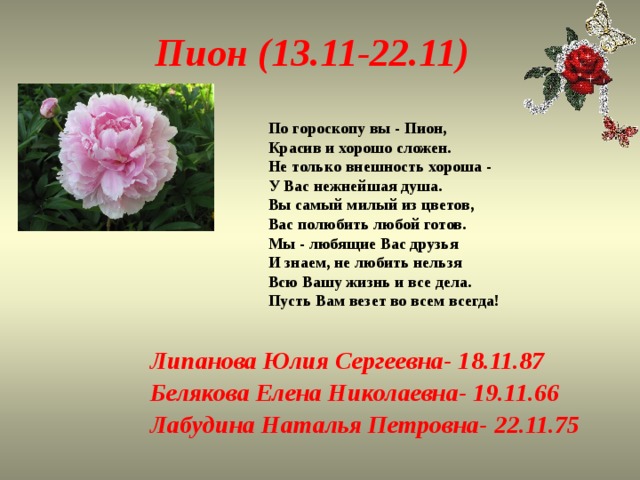 Пион (13.11-22.11) По гороскопу вы - Пион,  Красив и хорошо сложен.  Не только внешность хороша -  У Вас нежнейшая душа.  Вы самый милый из цветов,  Вас полюбить любой готов.  Мы - любящие Вас друзья  И знаем, не любить нельзя  Всю Вашу жизнь и все дела.  Пусть Вам везет во всем всегда! Липанова Юлия Сергеевна- 18.11.87 Белякова Елена Николаевна- 19.11.66 Лабудина Наталья Петровна- 22.11.75 