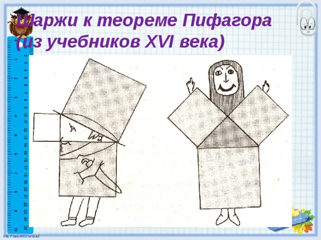 Шаржи к теореме Пифагора  (из учебников XVI века) 