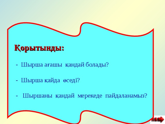     Қорытынды: - Шырша ағашы қандай болады? - Шырша қайда өседі? - Шыршаны қандай мерекеде пайдаланамыз? 