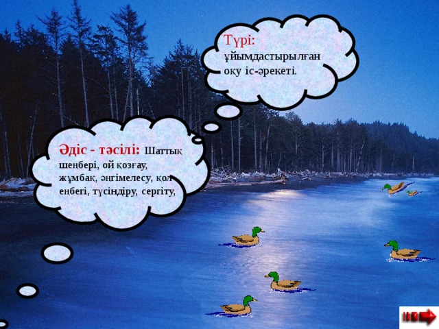  Түрі: ұйымдастырылған оқу іс-әрекеті.      Әдіс - тәсілі:  Шаттық шеңбері, ой қозғау, жұмбақ, әңгімелесу, қол еңбегі, түсіндіру, сергіту,    