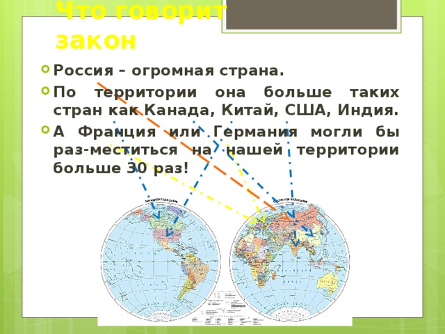 Что говорит закон Россия – огромная страна. По территории она больше таких стран как Канада, Китай, США, Индия. А Франция или Германия могли бы раз-меститься на нашей территории больше 30 раз! 