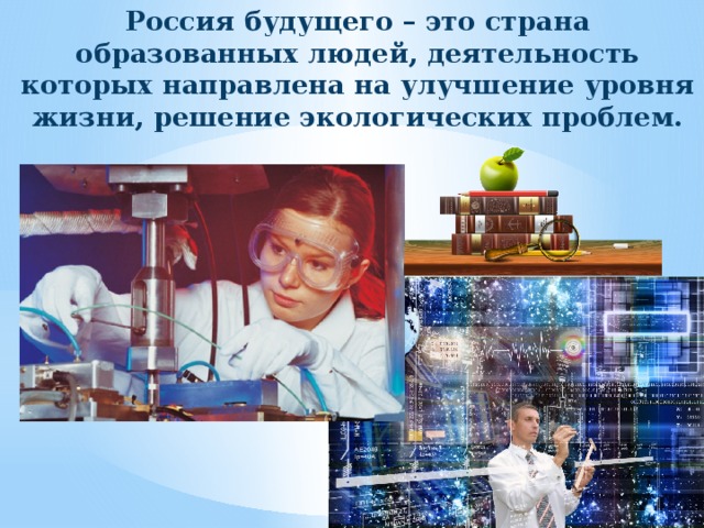 Россия будущего – это страна образованных людей, деятельность которых направлена на улучшение уровня жизни, решение экологических проблем. 