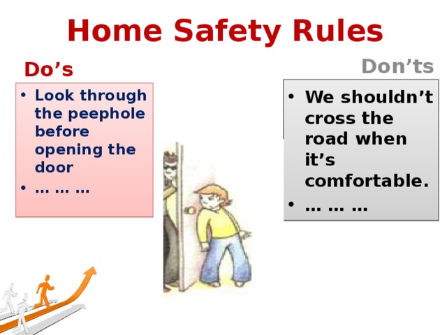 Home Safety Rules Don’ts Do’s We shouldn’t cross the road when it’s comfortable. … … … Look through the peephole before opening the door … … …  