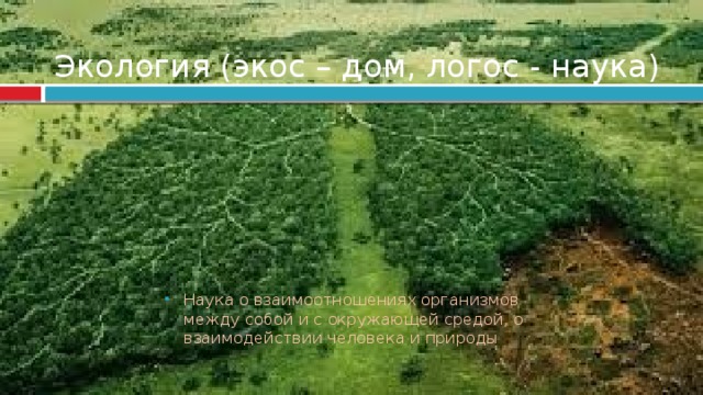Экология (экос – дом, логос - наука) Наука о взаимоотношениях организмов между собой и с окружающей средой, о взаимодействии человека и природы Наука о взаимоотношениях организмов между собой и с окружающей средой, о взаимодействии человека и природы  