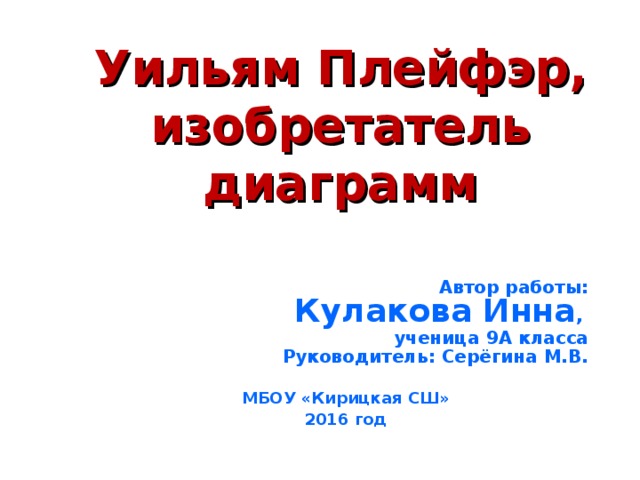 Уильям  Плейфэр,  изобретатель диаграмм Автор работы: Кулакова Инна , ученица 9А класса Руководитель: Серёгина М.В.  МБОУ «Кирицкая СШ» 2016 год  