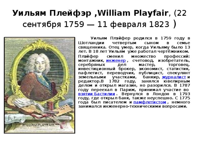 Уильям Плейфэр ,William Playfair , (22 сентября 1759 — 11 февраля 1823 )  Уильям Плэйфер родился в 1759 году в Шотландии четвертым сыном в семье священника. Отец умер, когда Уильяму было 13 лет. В 18 лет Уильям уже работал чертёжником. Плэйфер сменил множество профессий: монтажник,  инженер  , счетовод, изобретатель, серебряных дел мастер, торговец, инвестиционный брокер, экономист, статистик, пафлетист, переводчик, публицист, спекулянт земельными участками, банкир,  журналист  и редактор.В 1782 году, занялся ювелирным делом и открыл магазин, но разорился. В 1787 году переехал в Париж, принимал участие во  взятии Бастилии  . Вернулся в Лондон в 1793 году, где открыл банк, также неуспешно. С 1775 года был писателем и  памфлетистом  , немного занимался инженерно-техническими вопросами.  