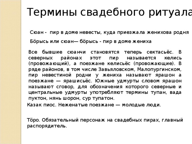 Термины свадебного ритуала Сюан - пир в доме невесты, куда приезжала женихова родня Бӧрысь или сюан— бӧрысь - пир в доме жениха Все бывшие сюанчи становятся теперь сектасьёс. В северных районах этот пир называется келись (провожающий), а поезжане келисьёс (провожающие). В ряде районов, в том числе Завьяловском, Малопургинском, пир невестиной родни у жениха называют ярашон а поезжане — ярашисьёс. Южные удмурты словом ярашон называют сговор, для обозначения которого северные и центральные удмурты употребляют термины тупан, вада пуктон, нянь шорон, сур тупатон. Казак пиос. Неженатые поезжане — молодые люди. Тӧро. Обязательный персонаж на свадебных пирах, главный распорядитель. 