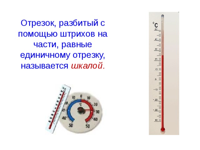 Отрезок, разбитый с помощью штрихов на части, равные единичному отрезку, называется шкалой . 