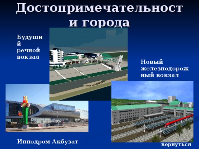 Достопримечательности города Будущий речной вокзал Новый железнодорожный вокзал Ипподром Акбузат вернуться 