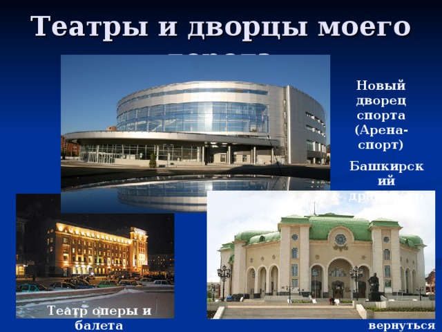 Театры и дворцы моего города Новый дворец спорта (Арена-спорт) Башкирский драмтеатр Театр оперы и балета вернуться 