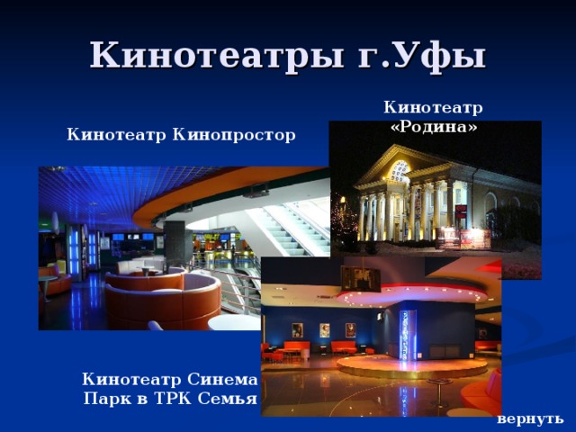 Кинотеатры г.Уфы Кинотеатр «Родина» Кинотеатр Кинопростор Кинотеатр Синема Парк в ТРК Семья вернуться 
