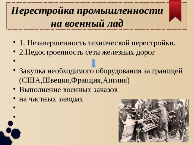 Перестройка промышленности на военный лад 1. Незавершенность технической перестройки. 2.Недостроенность сети железных дорог Закупка необходимого оборудования за границей (США,Швеция,Франция,Англия) Выполнение военных заказов на частных заводах 