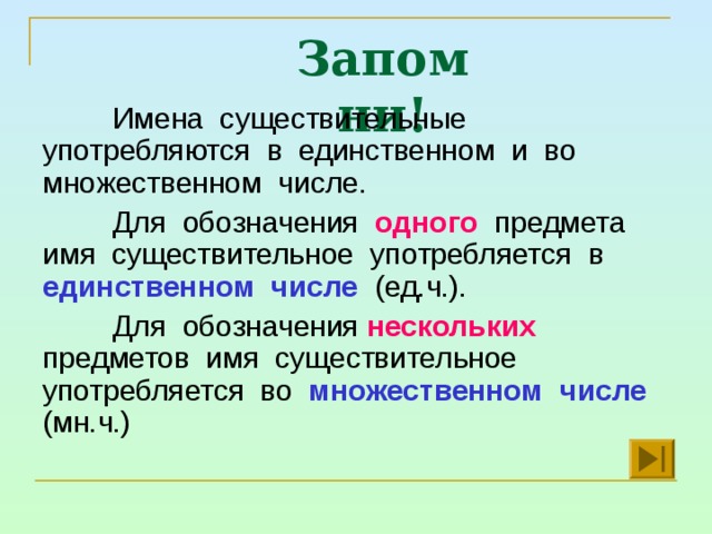 Запомни! Имена существительные употребляются в единственном и во множественном числе. Для обозначения одного предмета имя существительное употребляется в единственном числе  (ед.ч.). Для обозначения нескольких предметов имя существительное употребляется во множественном числе  (мн.ч.) 