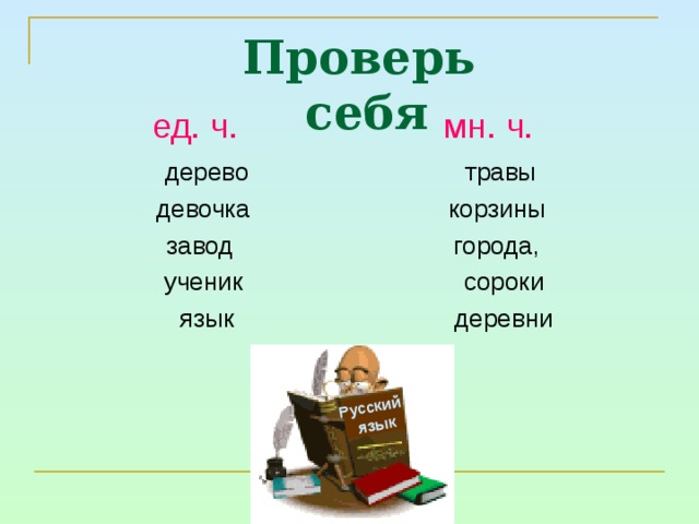 Русский  язык Проверь себя ед. ч. мн. ч. дерево девочка завод ученик язык травы корзины города, сороки деревни 