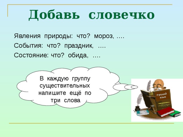 Русский  язык Добавь словечко Явления природы: что? мороз, …. События: что? праздник, …. Состояние: что? обида, …. В каждую группу существительных напишите ещё по три слова 