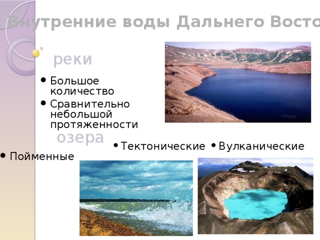 Внутренние воды Дальнего Востока реки Большое количество Сравнительно небольшой протяженности озера Вулканические Тектонические Пойменные 