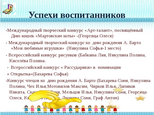 Успехи воспитанников -Международный творческий конкурс «Арт-талант», посвящённый Дню кошек «Мартовские коты» -(Георгица Олеся) - Международный творческий конкурс ко дню рождения А. Барто «Мои любимые игрушки» (Никулина Софья-1 место) - Всероссийский конкурс рисунков (Бабкина Лия, Никулина Полина, Киселёва Полина.   - Всероссийский конкурс « Рассударики» в номинации  « Открытка»(Бахарева Софья) -Конкурс чтецов ко дню рождения А. Барто (Бахарева Соня, Никулина Полина, Чех Илья,Мотовилов Максим, Чирков Илья, Лапиков Никита, Скакалина Соня, Мельцов Илья, Никулина Соня, Георгица Олеся, Киселева Полина, Дронова Соня, Граф Антон) 