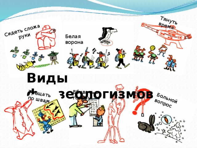 Больной вопрос Сидеть сложа руки Тянуть время Трещать по швам Белая ворона Виды фразеологизмов Вбивать в голову