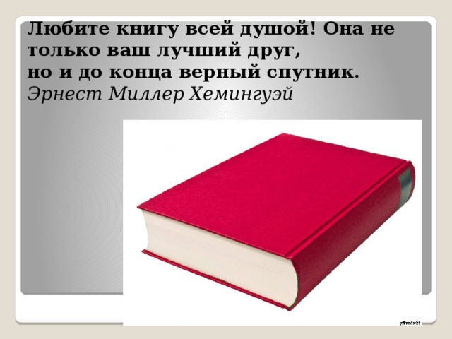 Любите книгу всей душой! Она не только ваш лучший друг,   но и до конца верный спутник.   Эрнест Миллер Хемингуэй 