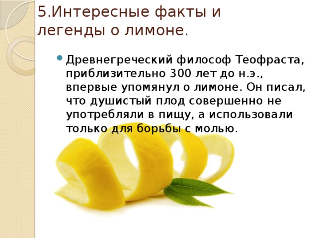 5.Интересные факты и легенды о лимоне. Древнегреческий философ Теофраста, приблизительно 300 лет до н.э., впервые упомянул о лимоне. Он писал, что душистый плод совершенно не употребляли в пищу, а использовали только для борьбы с молью. 