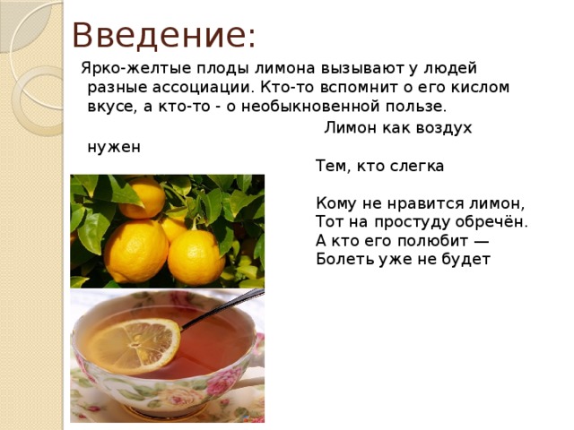 Введение:  Ярко-желтые плоды лимона вызывают у людей разные ассоциации. Кто-то вспомнит о его кислом вкусе, а кто-то - о необыкновенной пользе.  Лимон как воздух нужен  Тем, кто слегка простужен.  Кому не нравится лимон,  Тот на простуду обречён.  А кто его полюбит —  Болеть уже не будет    Меркушова Н. 