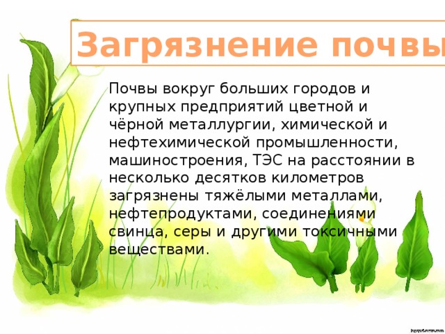 Загрязнение почвы. Почвы вокруг больших городов и крупных предприятий цветной и чёрной металлургии, химической и нефтехимической промышленности, машиностроения, ТЭС на расстоянии в несколько десятков километров загрязнены тяжёлыми металлами, нефтепродуктами, соединениями свинца, серы и другими токсичными веществами.  