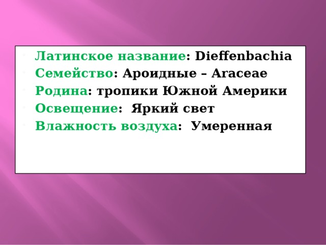 Латинское название : Dieffenbachia Семейство : Ароидные – Araceae Родина : тропики Южной Америки Освещение : Яркий свет Влажность воздуха : Умеренная 