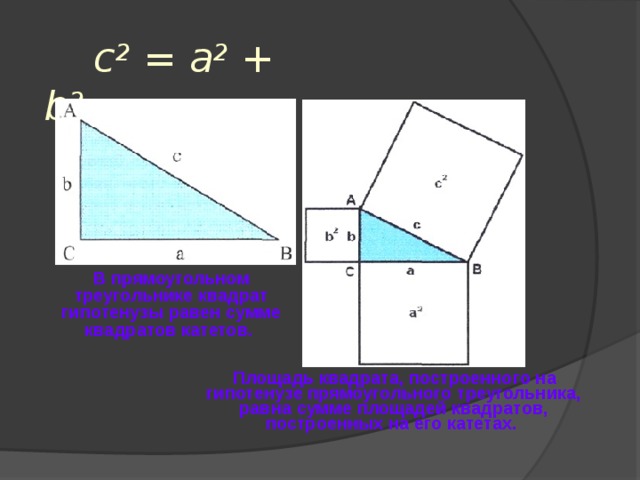c 2 = a 2 + b 2 В прямоугольном треугольнике квадрат гипотенузы равен сумме квадратов катетов. Площадь квадрата, построенного на гипотенузе прямоугольного треугольника, равна сумме площадей квадратов, построенных на его катетах. 
