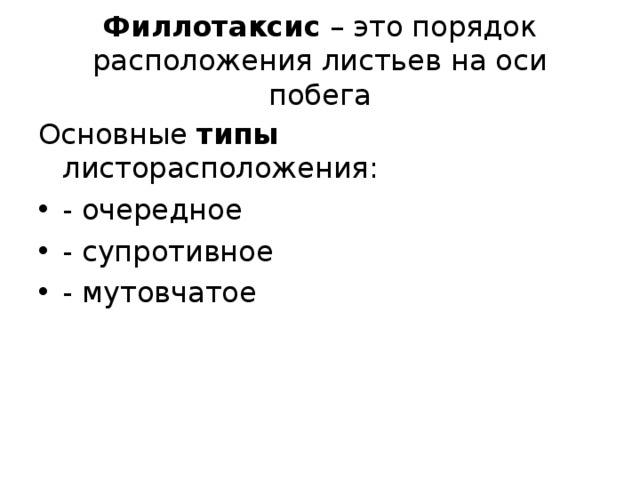 Филлотаксис – это порядок расположения листьев на оси побега Основные типы листорасположения: - очередное - супротивное - мутовчатое 