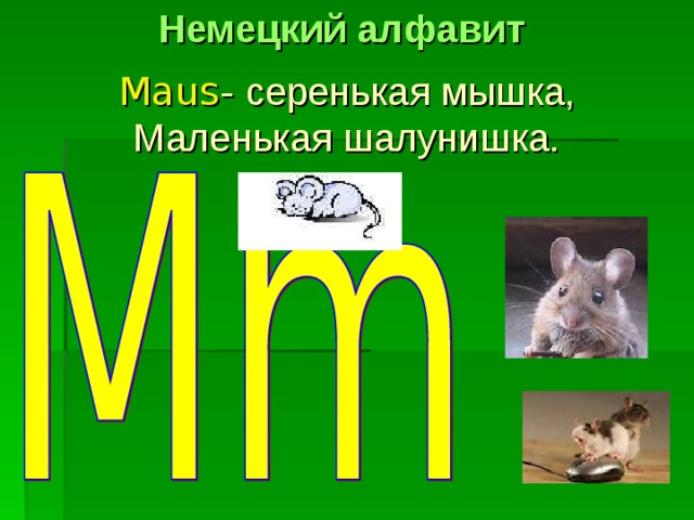 Немецкий алфавит Maus -  серенькая мышка, Маленькая шалунишка. 