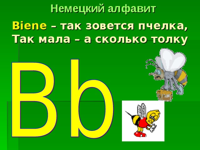 Немецкий алфавит Biene – так зовется пчелка,  Так мала – а сколько толку 