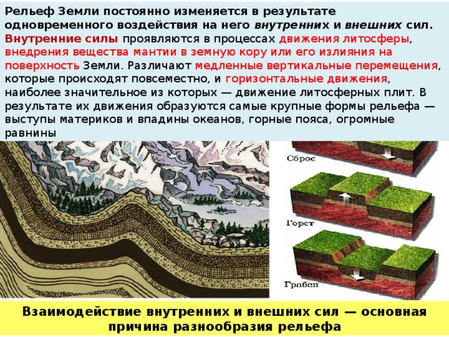 Рельеф Земли постоянно изменяется в результате одновременного воздействия на него внутренни х и внешних сил.  Внутренние силы проявляются в процессах движения литосферы , внедрения вещества мантии в земную кору или его излияния на поверхность Земли. Различают медленные вертикальные перемещения , которые происходят повсеместно, и горизонтальные движения , наиболее значительное из которых — движение литосферных плит. В результате их движения образуются самые крупные формы рельефа — выступы материков и впадины океанов, горные пояса, огромные равнины Взаимодействие внутренних и внешних сил — основная причина разнообразия рельефа 