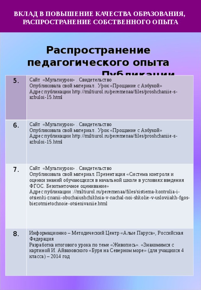  ВКЛАД В ПОВЫШЕНИЕ КАЧЕСТВА ОБРАЗОВАНИЯ,  РАСПРОСТРАНЕНИЕ СОБСТВЕННОГО ОПЫТА  17.09.17 Распространение педагогического опыта  Публикации   5. Сайт «Мультиурок» . Свидетельство Опубликовала свой материал . Урок «Прощание с Азбукой» Адрес публикации http :// miltiurol . ru / peremenaa / files / proshchaniie - s - azbuloi -15. html   6. Сайт «Мультиурок» . Свидетельство Опубликовала свой материал . Урок «Прощание с Азбукой» Адрес публикации http :// miltiurol . ru / peremenaa / files / proshchaniie - s - azbuloi -15. html   7. Сайт «Мультиурок» . Свидетельство Опубликовала свой материал. Презентация «Система контроля и оценки знаний обучающихся в начальной школе в условиях введения ФГОС. Безотметочное оценивание» Адрес публикации :// miltiurol . ru / peremenaa / files / sistiema - kontrolia - i - otsienki - znanii - obuchaiushchikhsia - v - nachal - noi - shkolie - v - usloviiakh - fgos - biezotmietochnoie - otsienivaniie . html   8. Информационно – Методический Центр «Алые Паруса», Российская Федерация Разработка итогового урока по теме «Живопись». «Знакомимся с картиной И. Айвазовского «Буря на Северном море» (для учащихся 4 класса) – 2014 год 