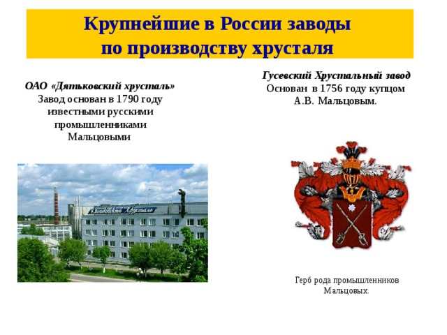 Крупнейшие в России заводы по производству хрусталя Гусевский Хрустальный завод Основан в 1756 году купцом А.В. Мальцовым. ОАО «Дятьковский хрусталь» Завод основан в 1790 году известными русскими промышленниками Мальцовыми Герб рода промышленников Мальцовых. 