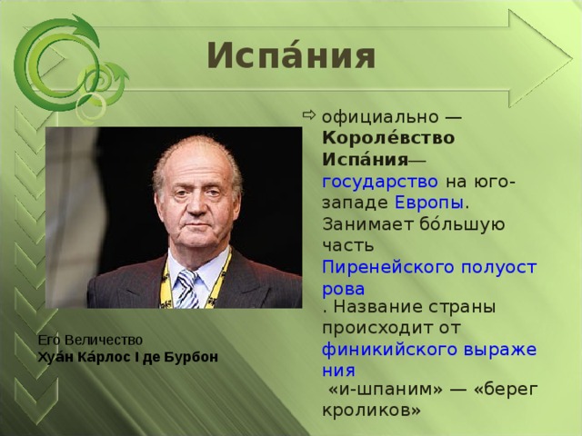 Испа́ния официально — Короле́вство Испа́ния — государство на юго-западе Европы . Занимает бо́льшую часть Пиренейского полуострова . Название страны происходит от финикийского выражения «и-шпаним» — «берег кроликов» Его Величество Хуа́н Ка́рлос I де Бурбон 