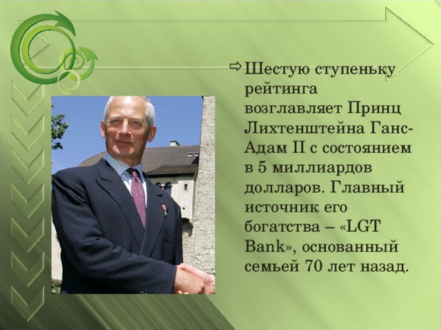 Шестую ступеньку рейтинга возглавляет Принц Лихтенштейна Ганс-Адам II с состоянием в 5 миллиардов долларов. Главный источник его богатства – «LGT Bank», основанный семьей 70 лет назад.  