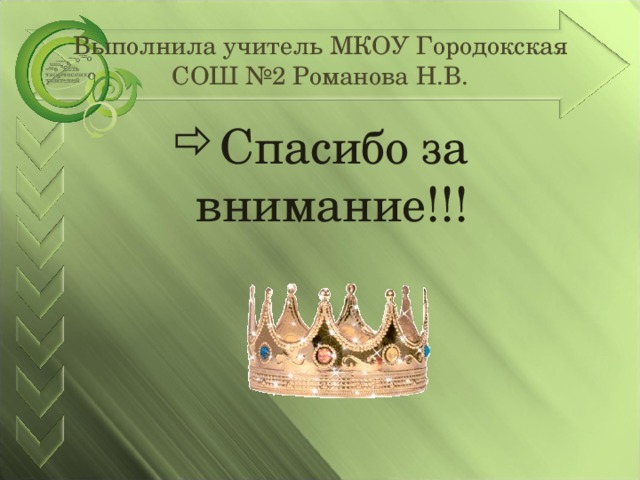 Выполнила учитель МКОУ Городокская СОШ №2 Романова Н.В. Спасибо за внимание!!! 