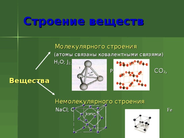 Строение веществ     Молекулярного строения     (атомы связаны ковалентными связями)     H 2 O; J 2 ,  Р 4 СО 2 , Вещества     Немолекулярного строения     NaCl; C  Fe 