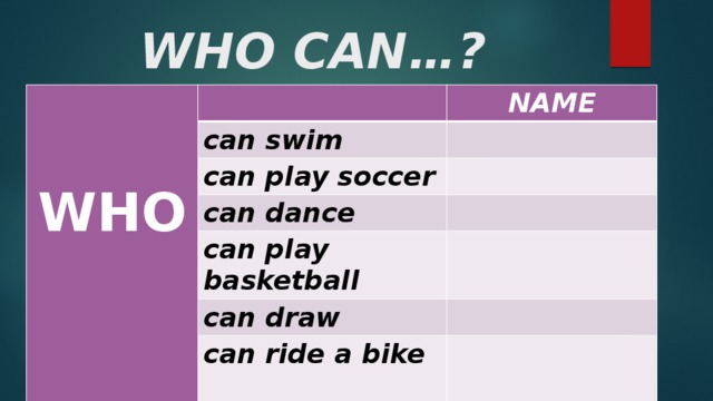 WHO CAN…?    NAME can swim  can play soccer  can dance  can play basketball WHO can draw can ride a bike 
