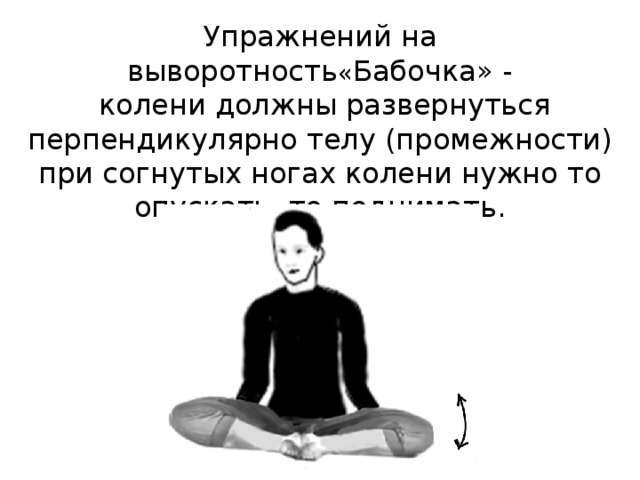 Упражнений на выворотность « Бабочка» -  колени должны развернуться перпендикулярно телу (промежности) при согнутых ногах колени нужно то опускать, то поднимать. 