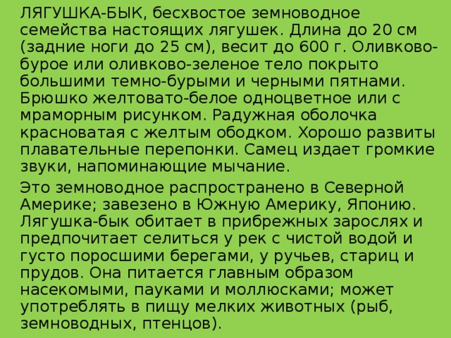   ЛЯГУШКА-БЫК, бесхвостое земноводное семейства настоящих лягушек. Длина до 20 см (задние ноги до 25 см), весит до 600 г. Оливково-бурое или оливково-зеленое тело покрыто большими темно-бурыми и черными пятнами. Брюшко желтовато-белое одноцветное или с мраморным рисунком. Радужная оболочка красноватая с желтым ободком. Хорошо развиты плавательные перепонки. Самец издает громкие звуки, напоминающие мычание.    Это земноводное распространено в Северной Америке; завезено в Южную Америку, Японию. Лягушка-бык обитает в прибрежных зарослях и предпочитает селиться у рек с чистой водой и густо поросшими берегами, у ручьев, стариц и прудов. Она питается главным образом насекомыми, пауками и моллюсками; может употреблять в пищу мелких животных (рыб, земноводных, птенцов). 