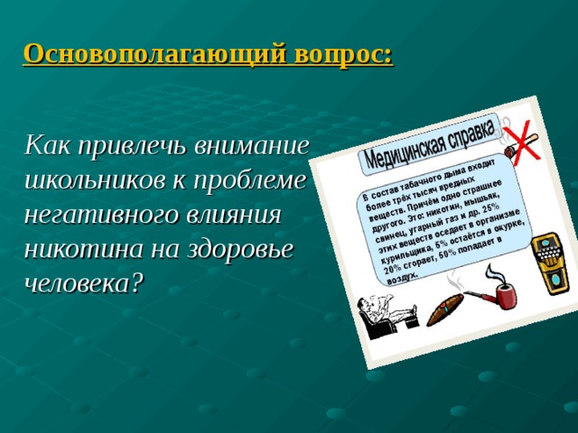    Основополагающий вопрос: Как привлечь внимание школьников к проблеме негативного влияния никотина на здоровье человека?  