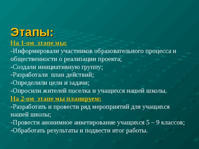 Этапы:  На 1-ом этапе мы:  - Информировали участников образовательного процесса и общественности о реализации проекта;  -Создали инициативную группу;  -Разработали план действий;  -Определили цели и задачи;  -Опросили жителей поселка и учащихся нашей школы.  На 2-ом этапе мы планируем:  - Разработать и провести ряд мероприятий для учащихся нашей школы;  -Провести анонимное анкетирование учащихся 5 – 9 классов;  -Обработать результаты и подвести итог работы.       